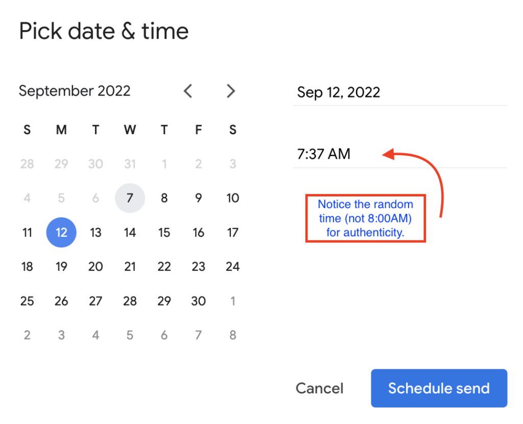 This image has a September monthly calendar on the left and an option to pick the date (Sep 12, 2022) and time (7:37 AM) on the right. Notice the random time (not 8:00AM) for authenticity. 