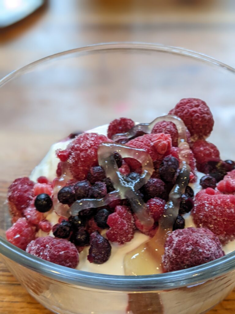 a glass bowl of yogurt, raspberries, blueberries, and honey